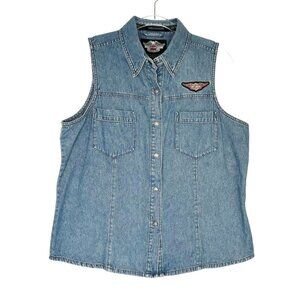Harley Davidson Denim Jean Vest Womens Size Large‎ Logo Buttons Biker Cut